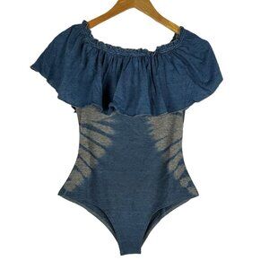 NEW Chaser Womens Off the Shoulder Ruffle Bodysuit M Blue Gray Tie Dye Smocked